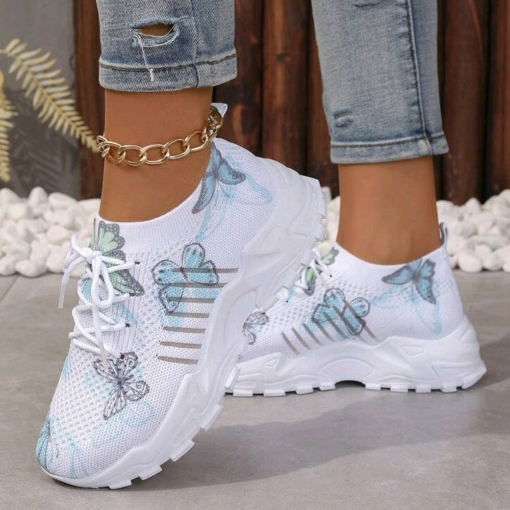 Women's Butterfly Pattern Mesh Sneakers, Color Block Low Top Lace-Up Casual - Picture 3 of 6